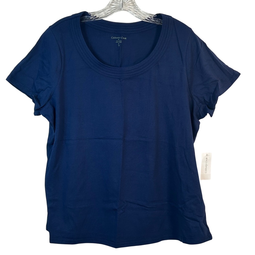 Coldwater Creek Navy Blue 100% Cotton Border Neck Short Sleeve Tee XL 16 NEW